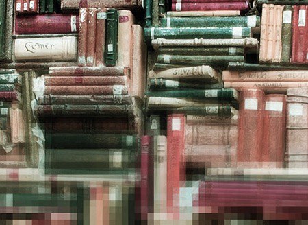 de vieux livres qui se dissolvent en pixel